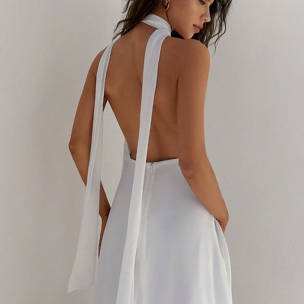 White Halter Backless V-Neck Womens Chiffon Cinched Waist A-Line Dress - Picture 5 of 7